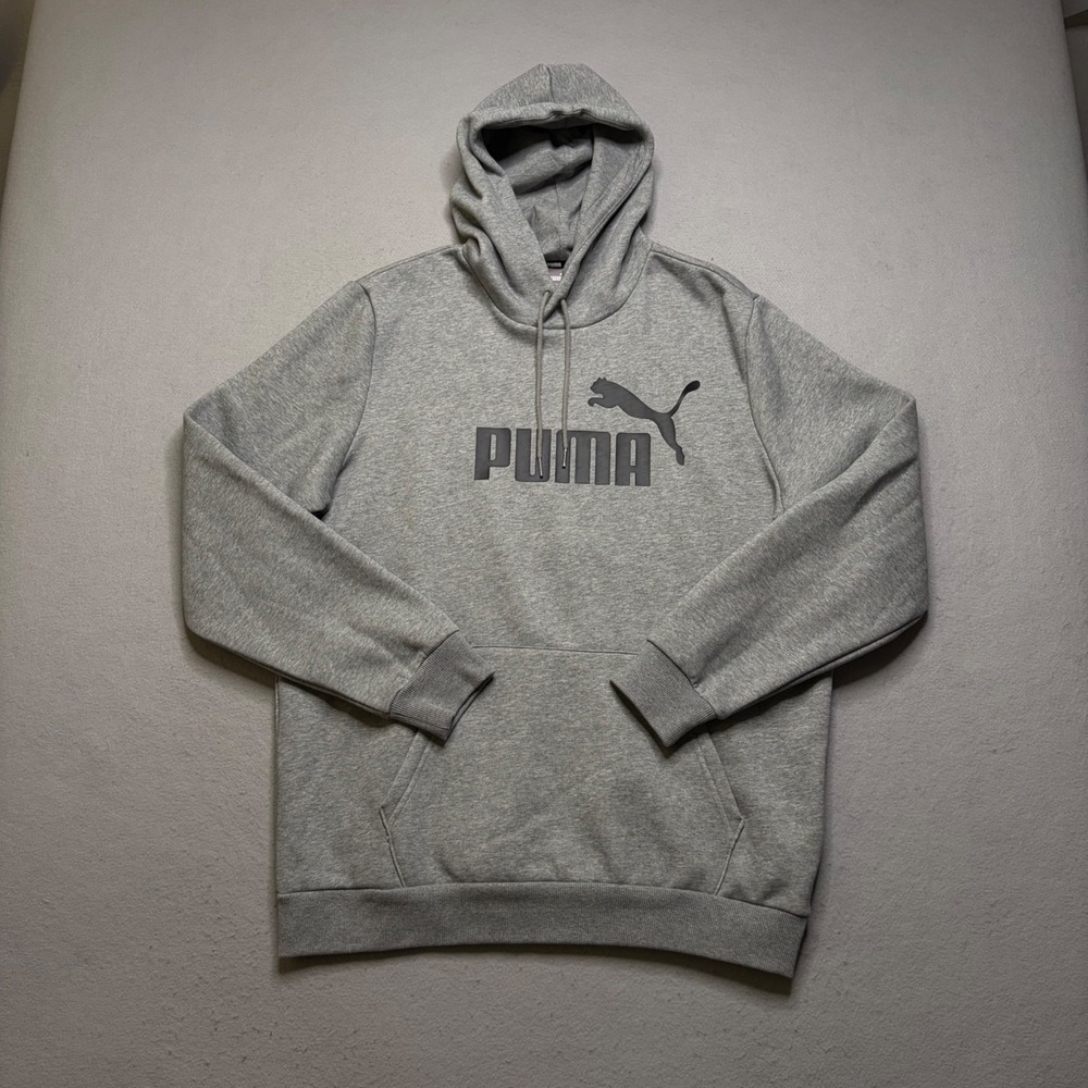 Puma Hoodie Mens‎ Large Gray Essentials Big Logo Fleece Pullover Sweatshirt